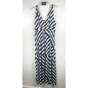 Navy & White Stripped V-Neck Casual Stretch Sleeveless Maxi Summer Dress Large